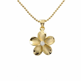Sterling Silver Yellow Gold Plated Plumeria with CZ Pendant (M/L/XL) (Chain Sold Separately)