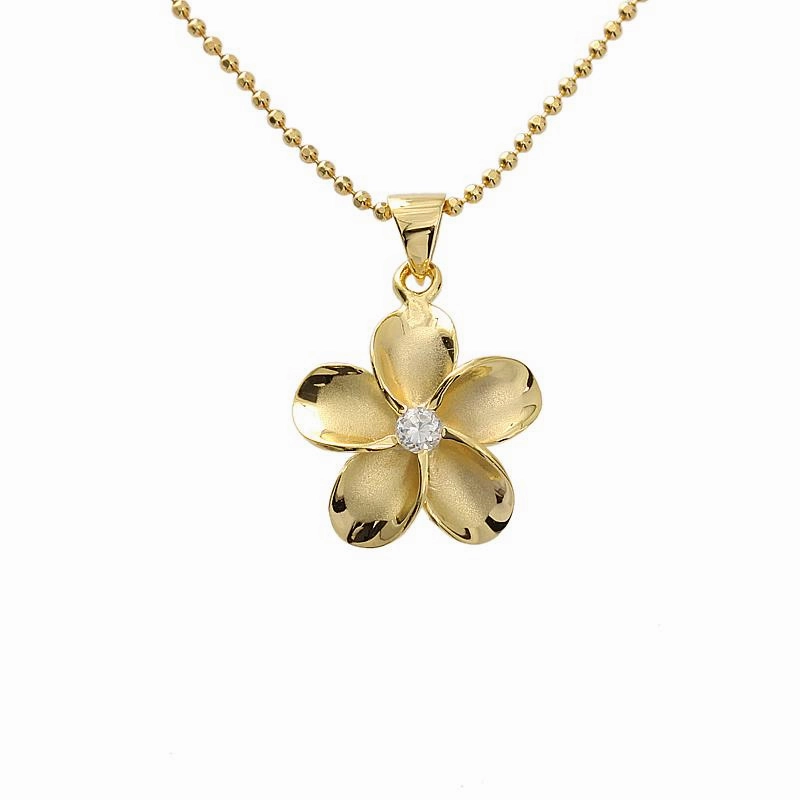 Sterling Silver Yellow Gold Plated Plumeria with CZ Pendant (M/L/XL) (Chain Sold Separately)