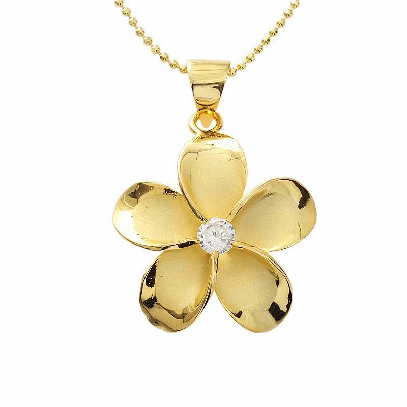 Sterling Silver Yellow Gold Plated Plumeria with CZ Pendant (M/L/XL) (Chain Sold Separately)