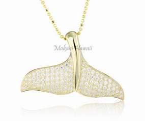 Sterling Silver Yellow Gold Plated Whale Tail Pave CZ Pendant (Chain Sold Separately)