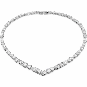 Swarovski Tennis Rhodium Plated White Crystal Mixed Cuts Deluxe V Necklace