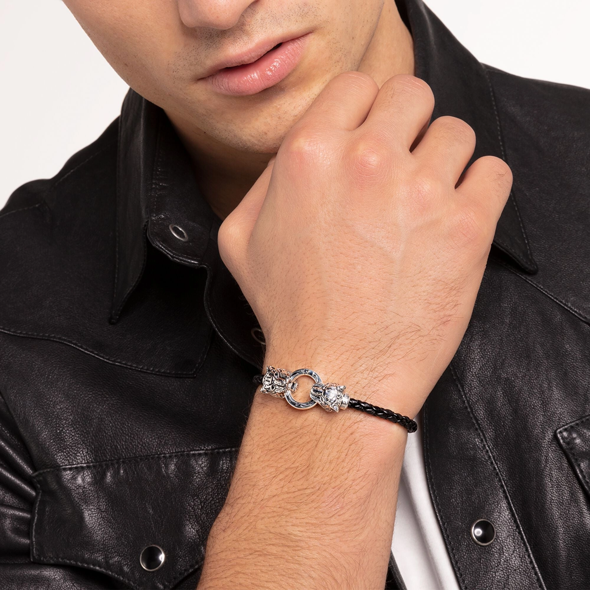 Thomas Sabo Black Leather and Silver Tiger Clasp Bracelet