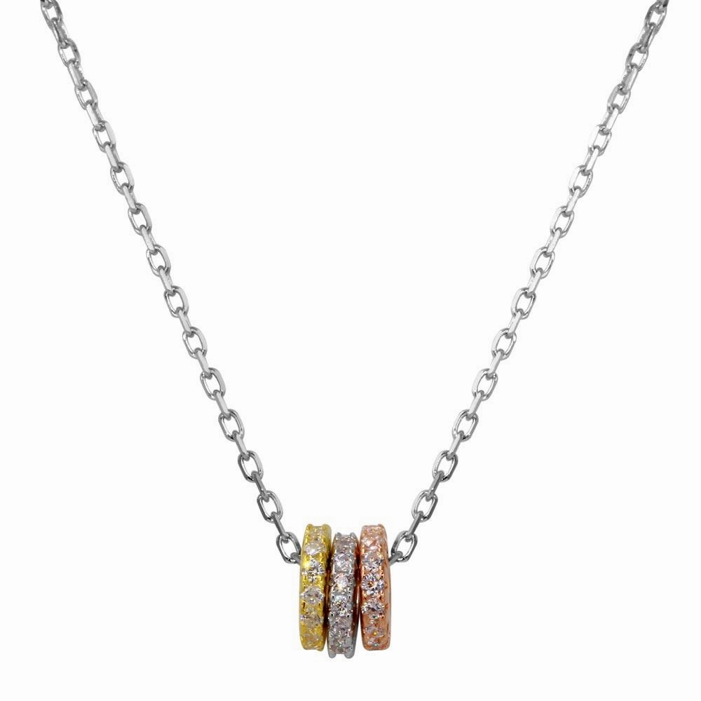 Three-Tone 925 Sterling Silver Plated Trio Mechanic Ring Necklace with CZ -  STP01556TRI