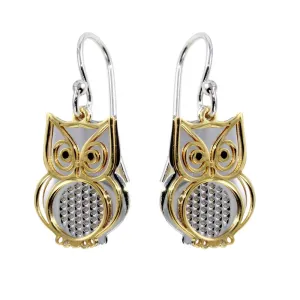 Two-Tone 925 Sterling Silver Flat Owl Earrings - SOE00001