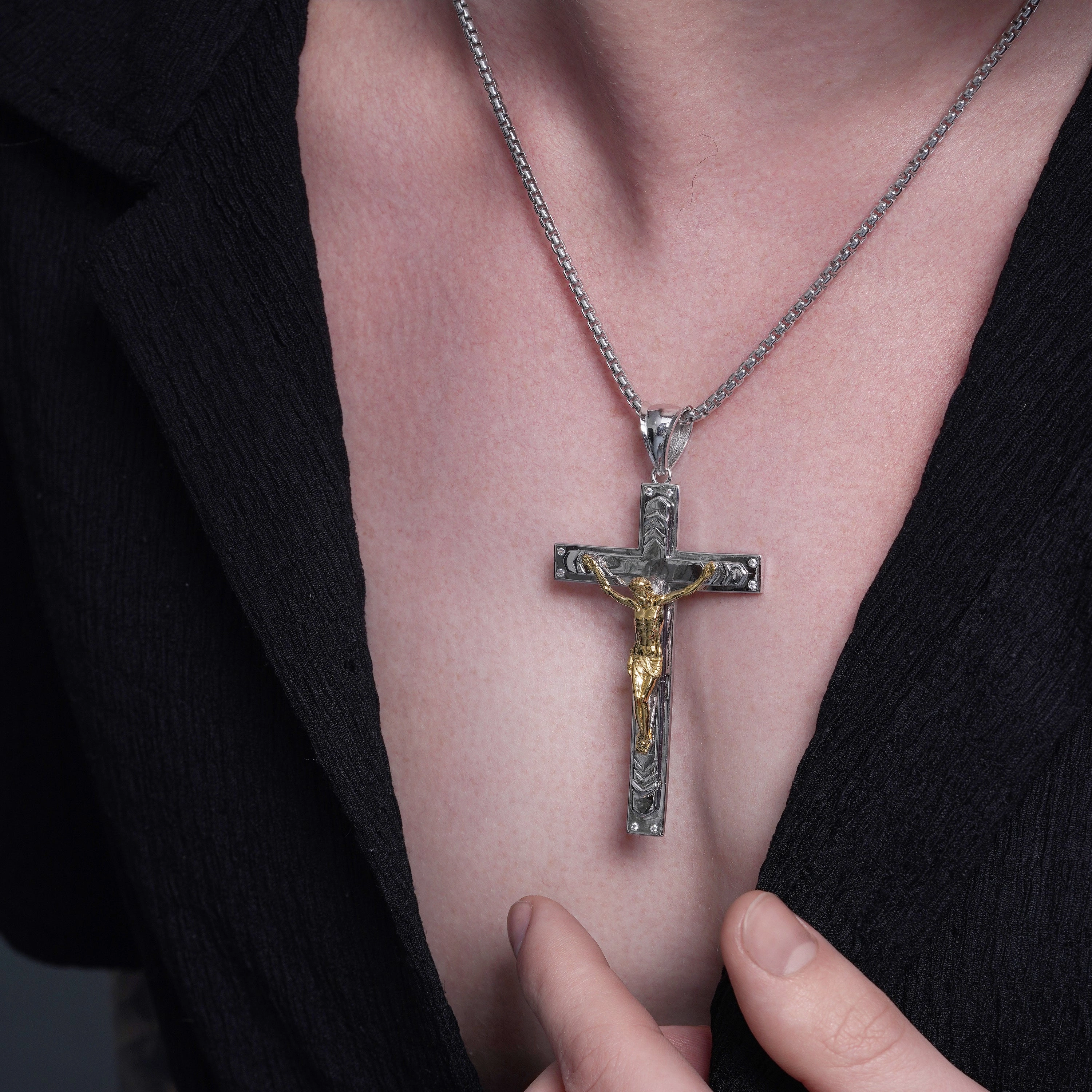 Two Tone Plated 925 Sterling Silver Crucifix Cross Clear CZ 40.1mm x 62.6mm Pendant - GMP00175RG