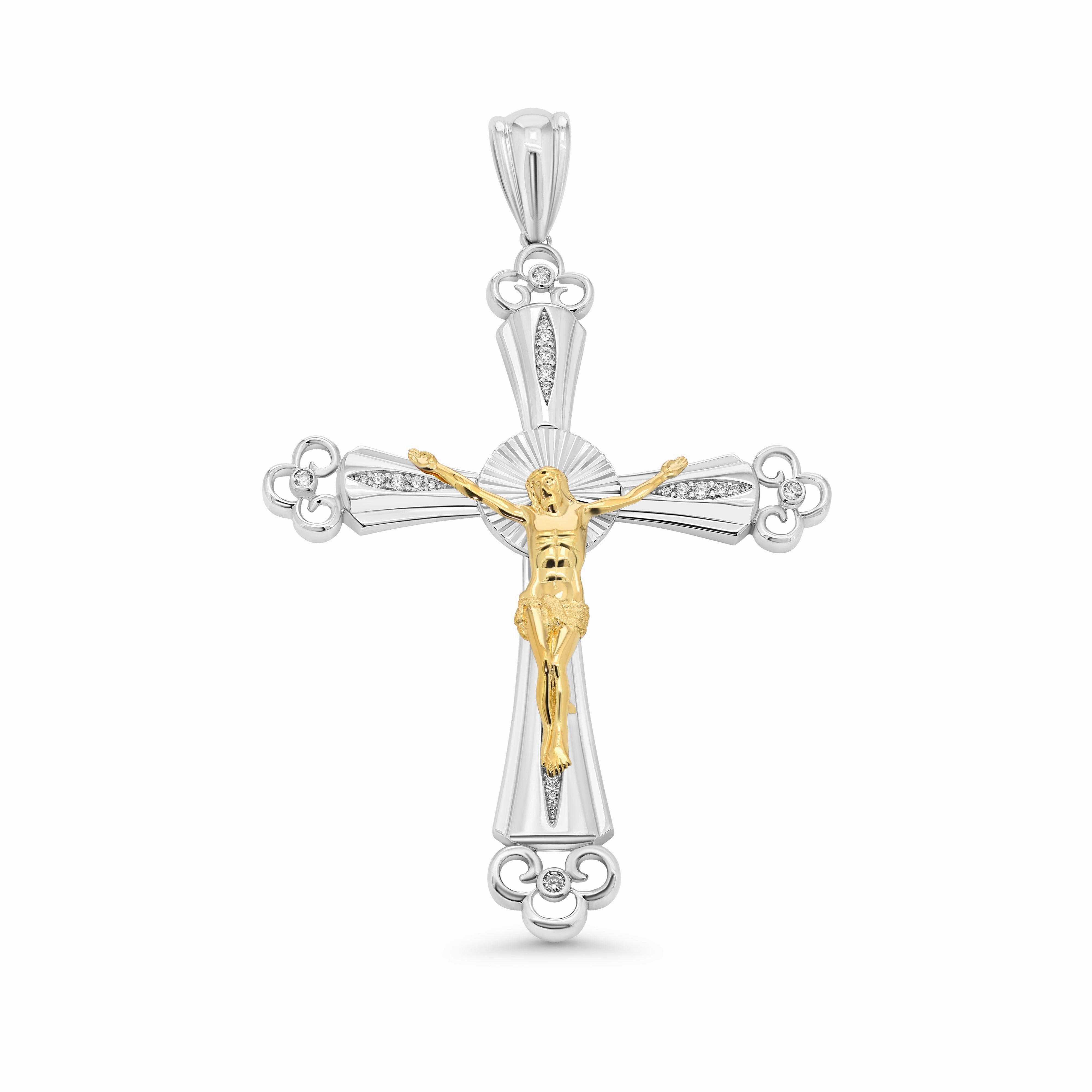 Two-Tone Plated 925 Sterling Silver Diamond Cut Jesus Christ Cross 74.5mmx 98.6mm Clear CZ Pendant - GMP00177RG