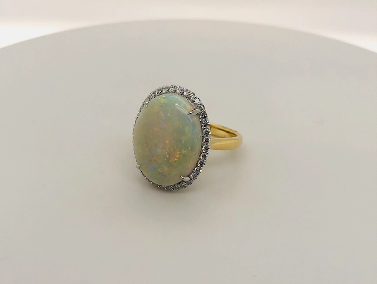White Opal Halo Yellow Gold Ring