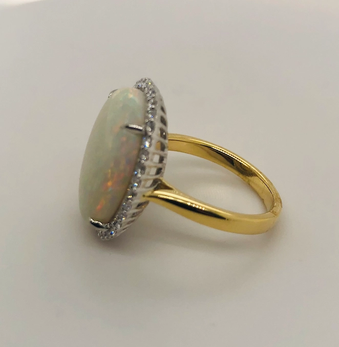 White Opal Halo Yellow Gold Ring